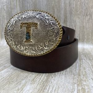 Justin SZ 32 Black Leather Belt with Crumrine TEXAS Buckle Gold Silver Two Tone‎